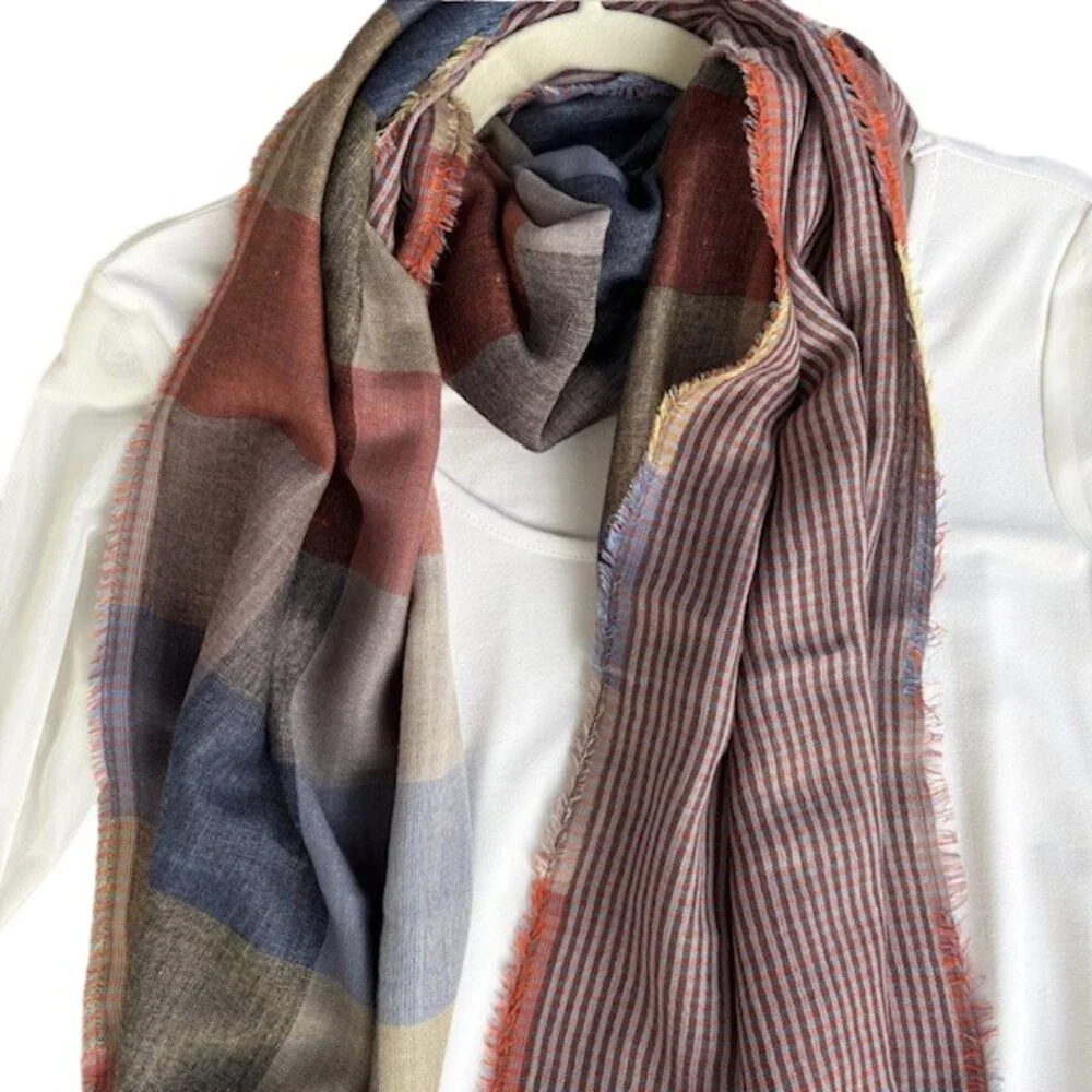Luxurious Reversible Cashmere Scarf/Wrap Blue Green Rust Gray